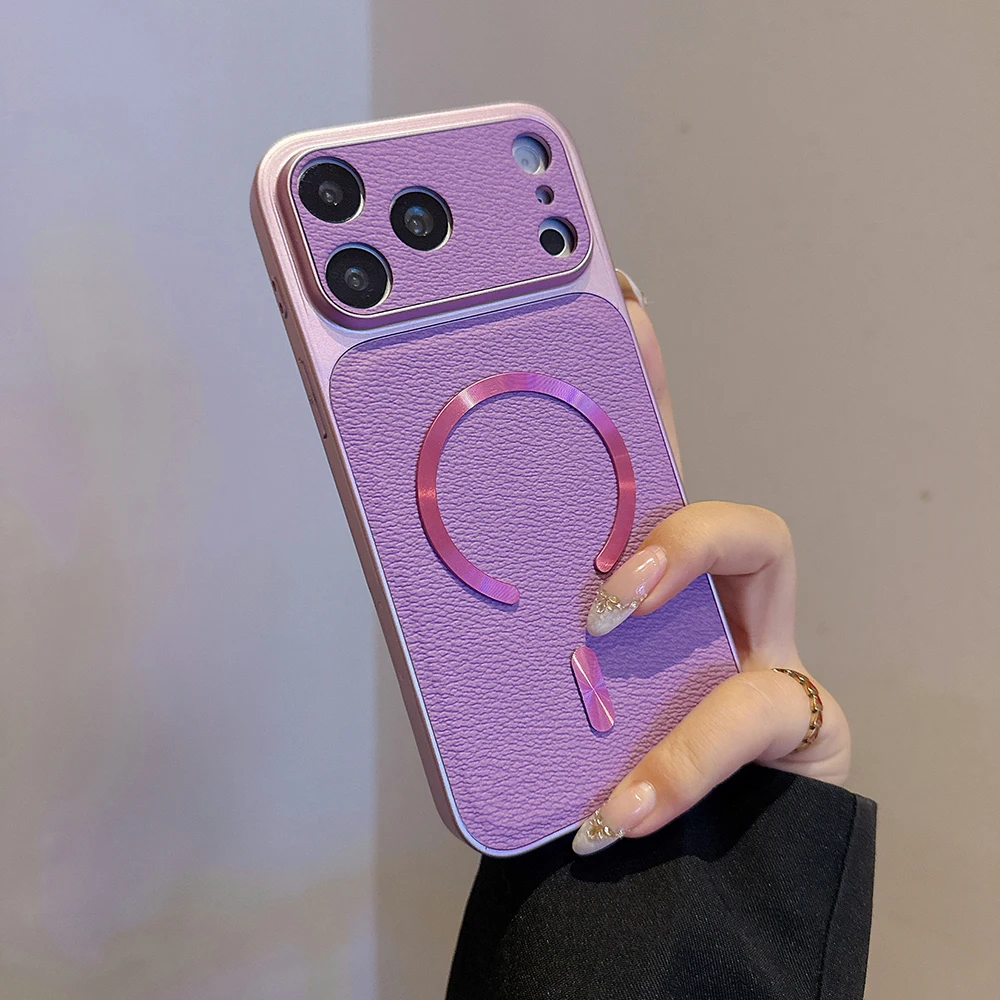Vintage-Style Leather Magnetic Wireless Charger Case with Full Lens Protection and Shockproof Bumper