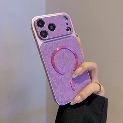 Vintage - Style Leather Magnetic Wireless Charger Case with Full Lens Protection and Shockproof Bumper - iPhone 15 (PURPLE)