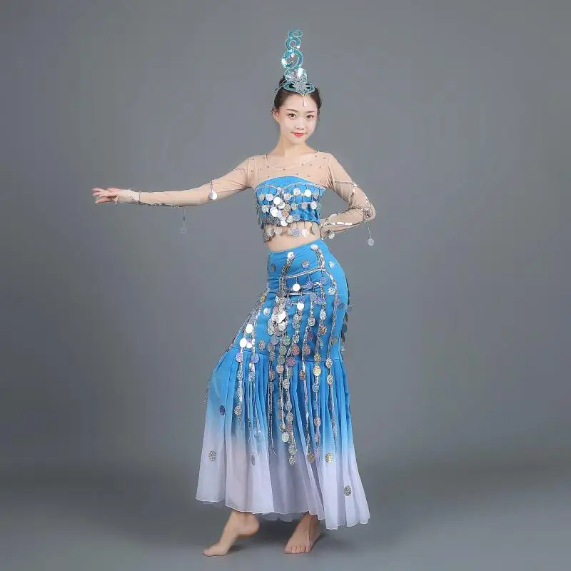 

Folk Dai dance performance costume water spirit dance peacock dance female adult performance dress sequined Fishtail skirt suit