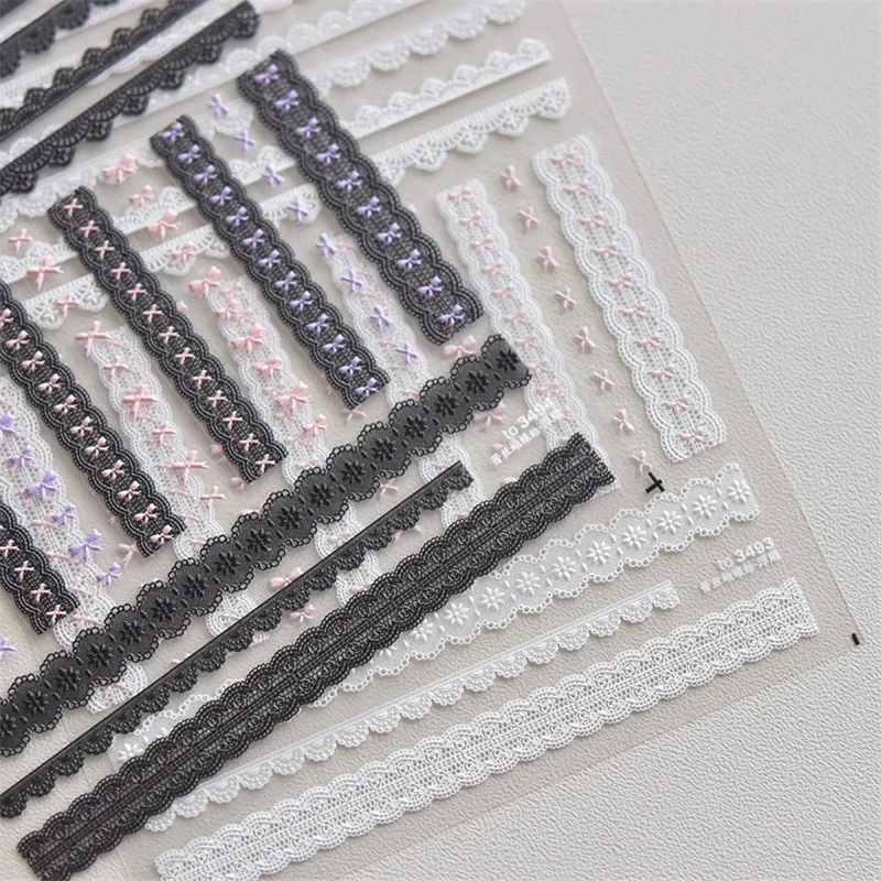 1pcs Sweet Pearl Lace Bow Nail Stickers Love Heart Pink White Black Lace Bow Self Adhesive Nail Art Decorations Decals Accessory 4