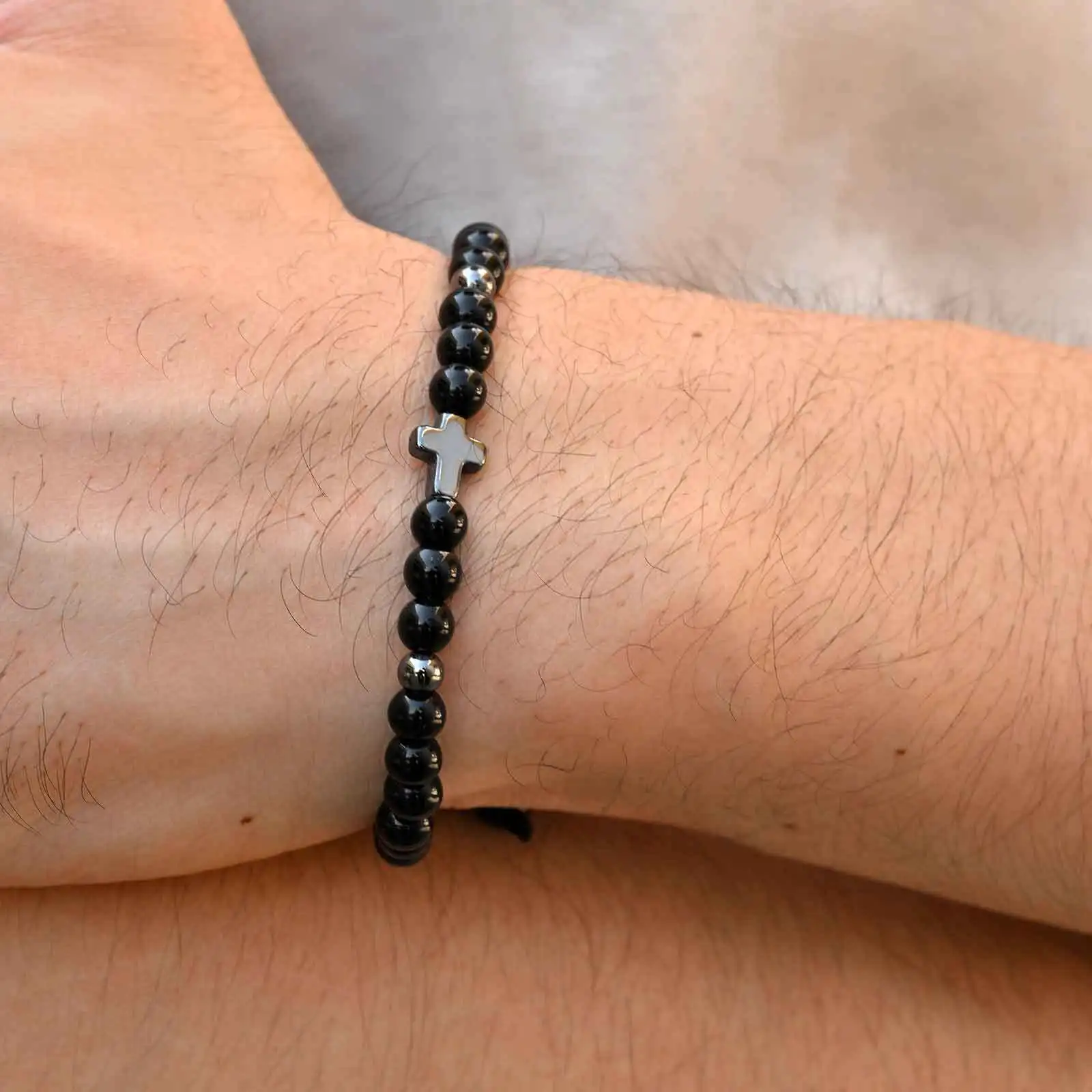Stacked Bracelet for Men Boys,Cross Charm Black Natural Bead Adjustable Wristband,Birthday Party Gift for Him
