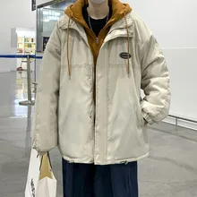 

Fake Two-piece Tooling Hooded Cotton Jacket Male Korean Version Loose Wild Warm Jacket Ins Tide Brand Cold Winter Jacket for Men