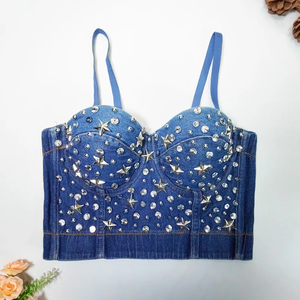 

Women Diamend Denim Sexy Corset Camis Crop Top Female Sleeveless Party Club Bungee Vest Blended Solid Streetwear strap 2023