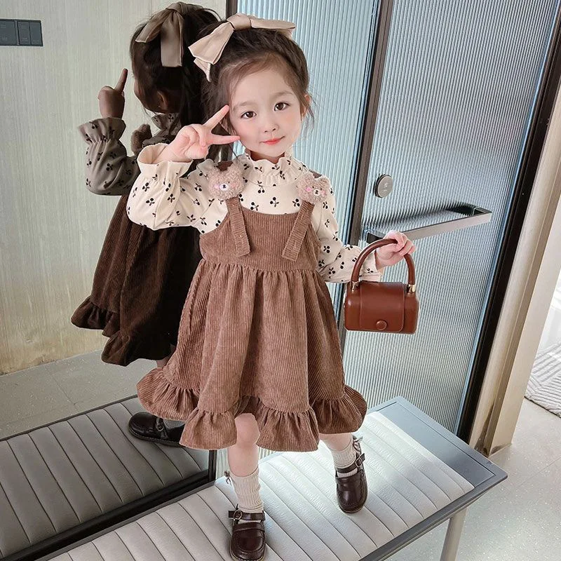 Girls Dress Girl's 2025 Spring Autumn Long Sleeve Pinafore Dress Cute Cherry Bear Print Casual Outfit