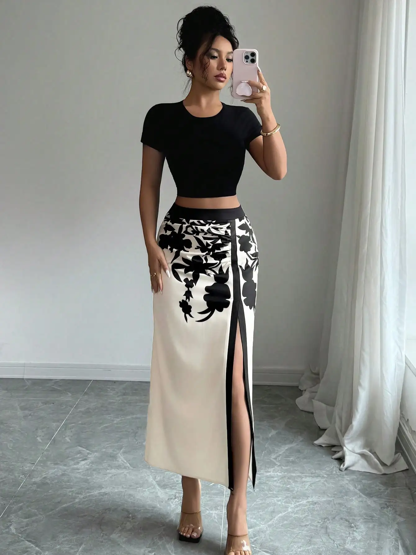 Women's Black Floral Print Midi Skirt 2026 Ruched High Slit Casual Summer Skirt 2
