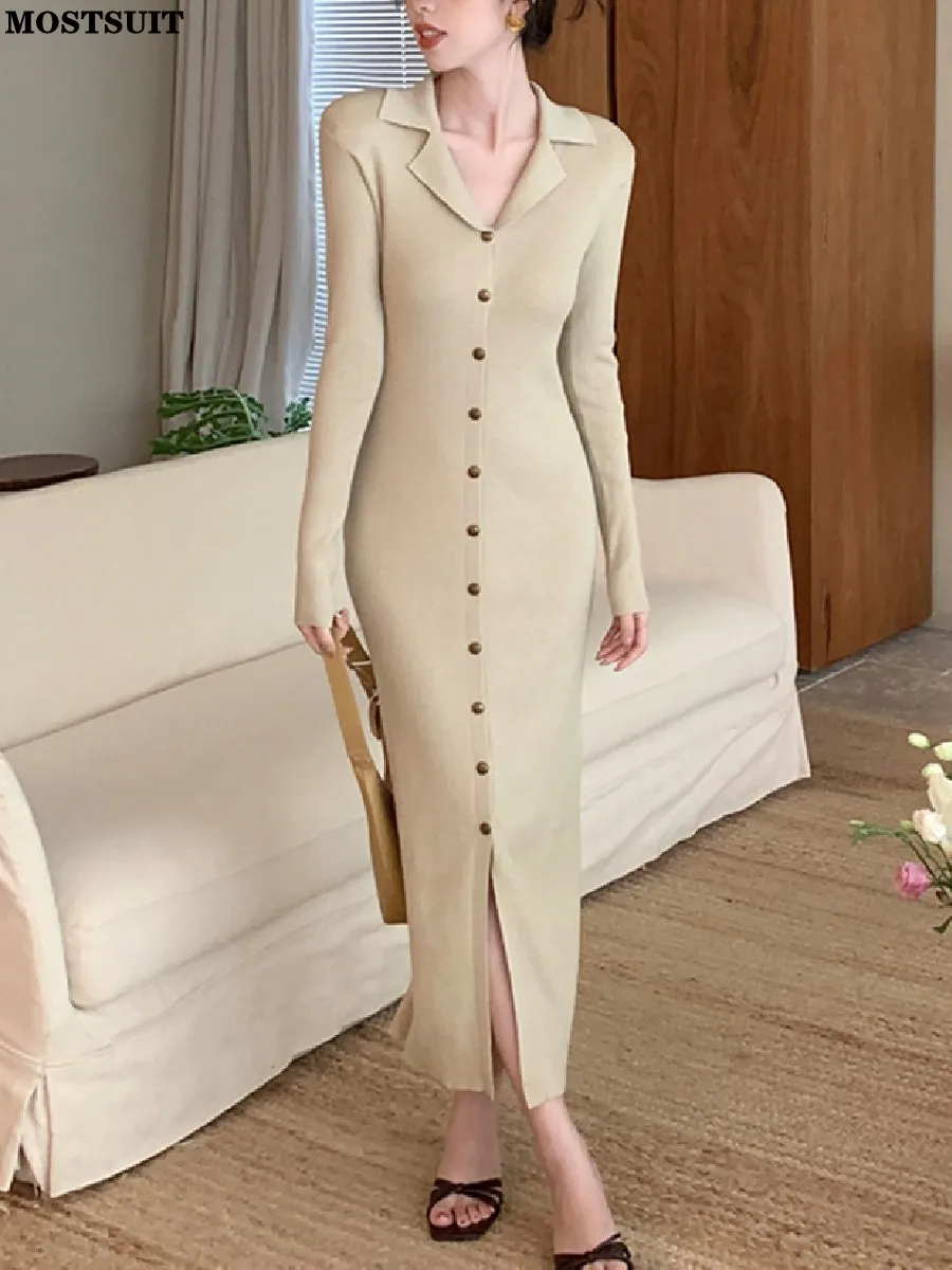 

Vintage Elegant Slim Knit Long Sweater Dress Women Single-breasted Long Sleeve Dresses 2024 Spring Solid Workwear Ladies Vestido