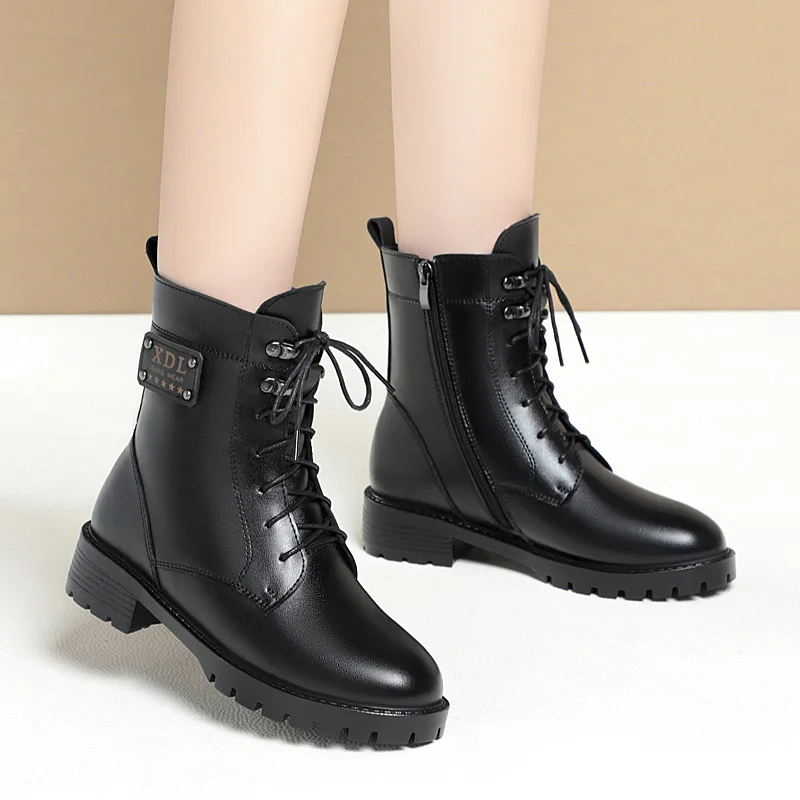 CICIYANG Ankle Boots for Women Genuine Leather 2024 Winter Wool Boots Platform Low Heels Ladies Motorcycle Boots Large Size 42