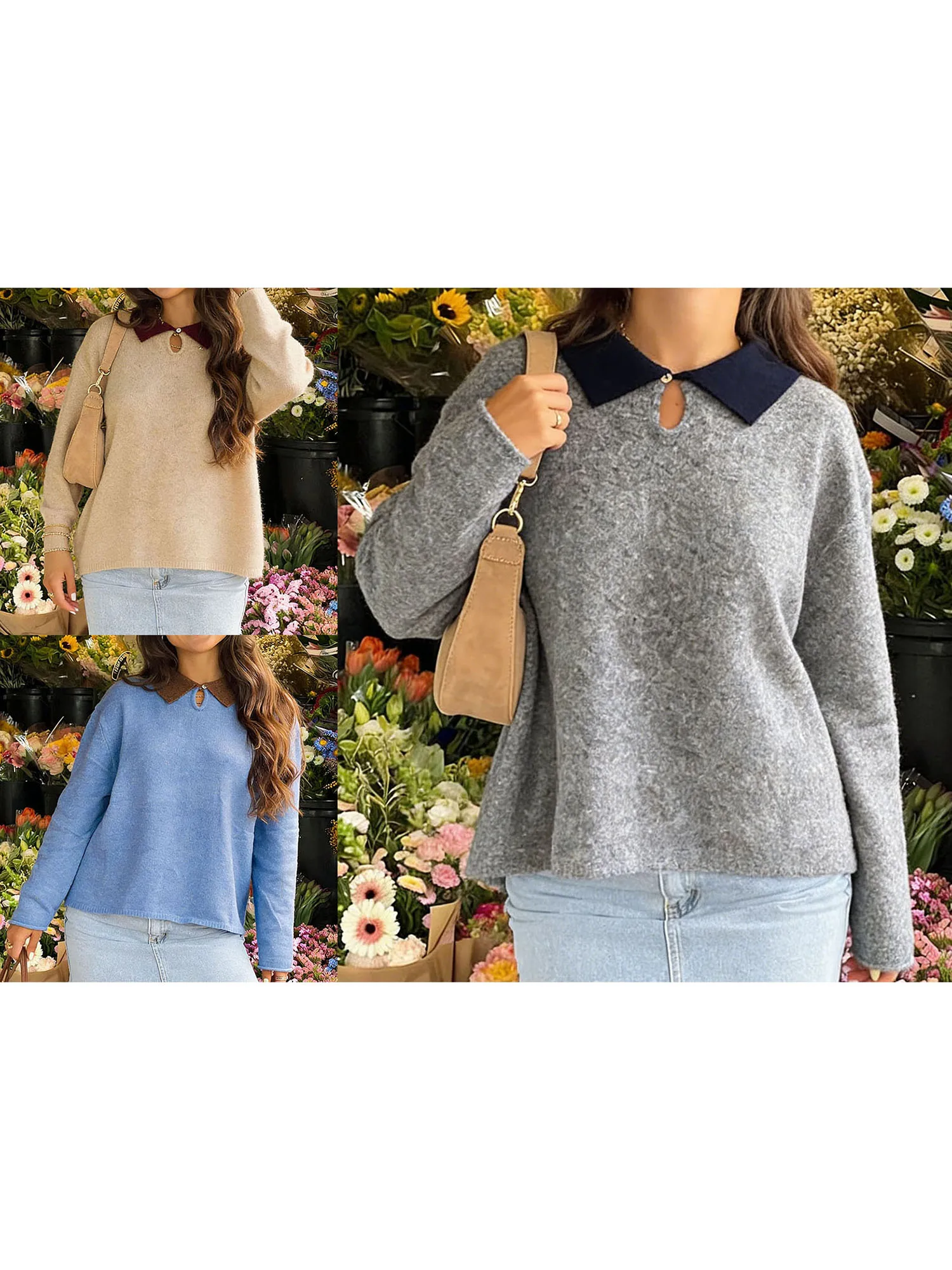Ladies Stylish Two-Tone Sweaters with Collar Long Sleeves and Loose Fit - Trendy Knit Tops for Autumn Wardrobe Essentials