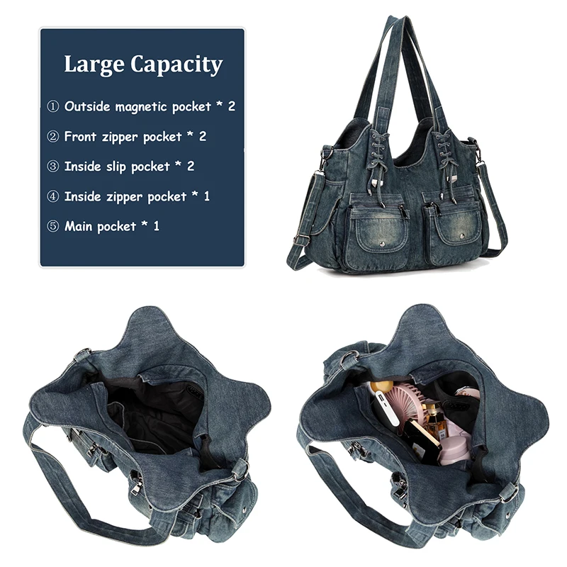 iPinee Women's Denim Bag Y2K Vintage Blue Jean Purse and Handbags Crossbody Shoulder Wallet Large Capacity 3