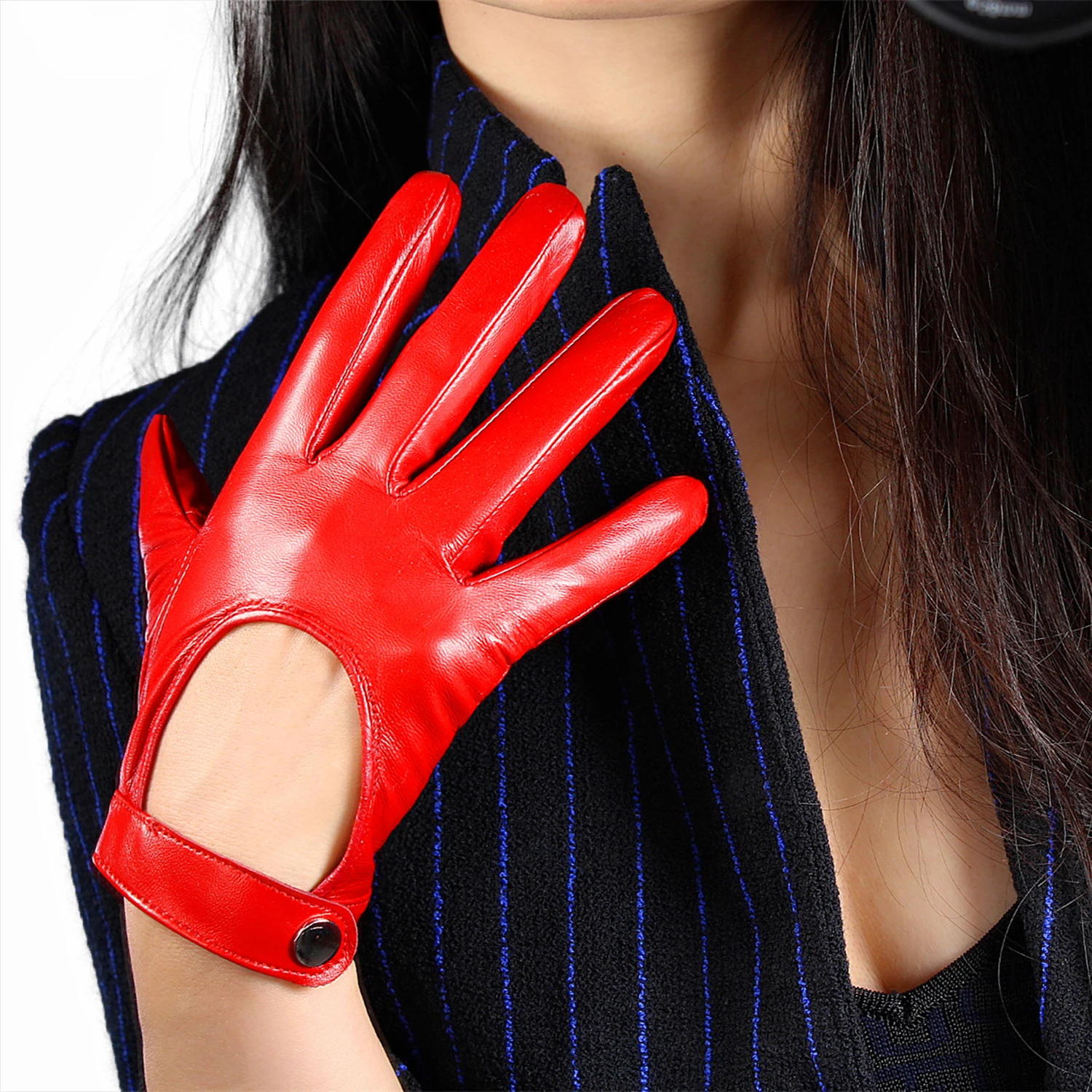 

Women's Leather GLOVES Genuine Sheepskin TECH Short Wrist Motorcycle Full Finger Driving Glove Belt with Button Closure Costume