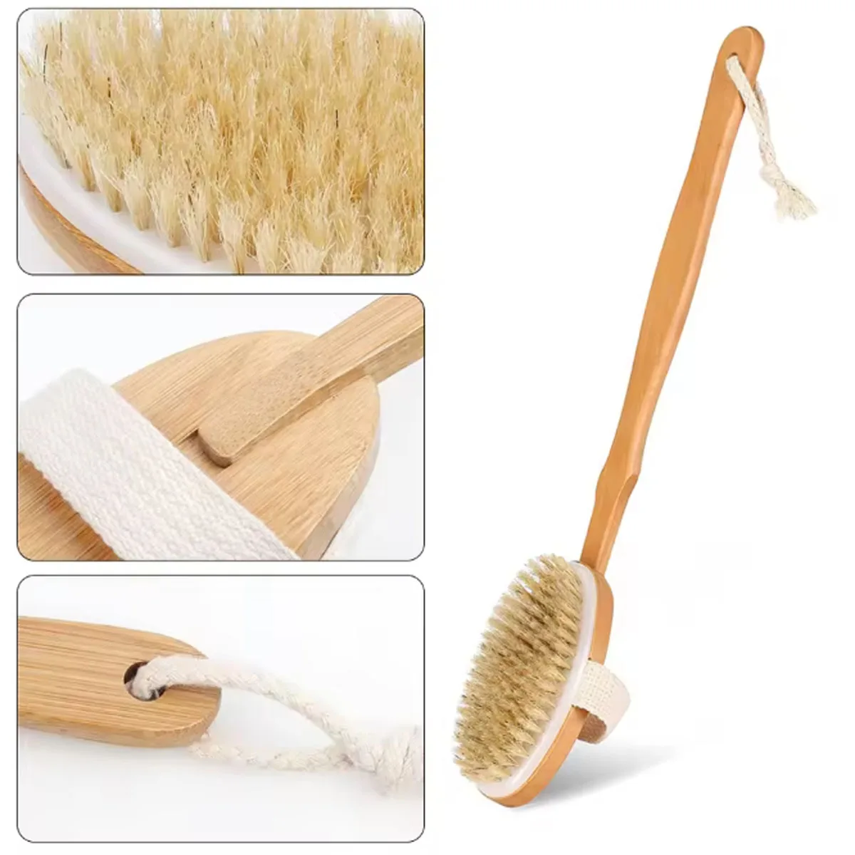 1pc-Wooden Detachable Long Handle Shower Body Brush Bathing Massage Back Body Exfoliating Brush Bathroom Wash Brush Bath Tools