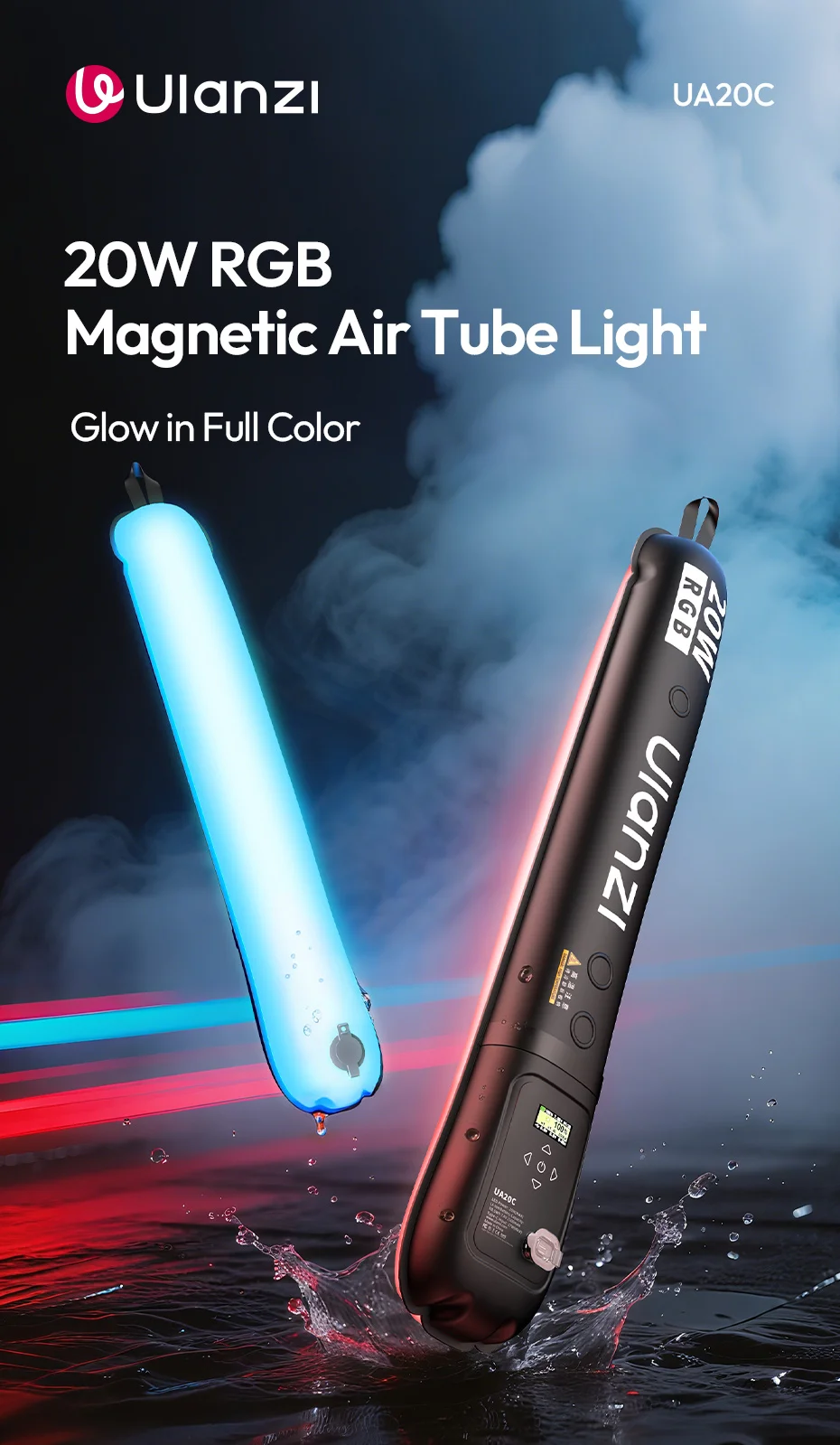 20W RGB Magnetic Air Tube Light 1800-10000K Full RGB Portable Air Tube Light for