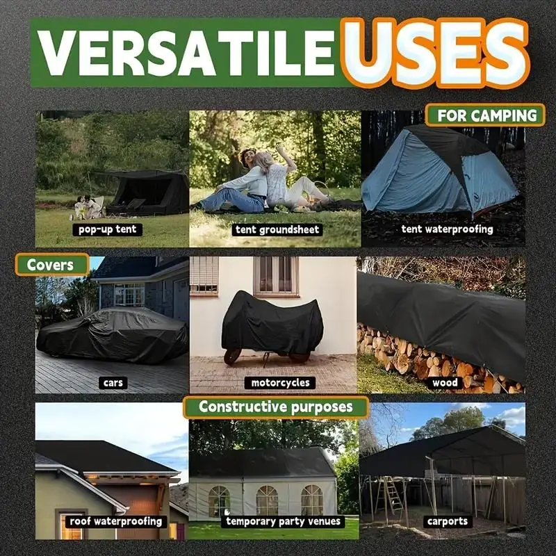 Rainproof Tarpaulin Heavy-Duty Black Waterproof Tarp uv-proof Multipurpose Outdoor Protection Cover Camping Farming Patio garden Boat RV