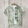 Linen Cotton Printed Shirt, Short Sleeved Lapel, Single Breasted Hawaiian Vacation Shirt, Cherry Blossom Retro Art 3