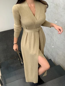 Autumn Winter Ladies Stretchy Clothes Knit Long Dresses Women Mujer Sweater Simple V-Neck Bodycon Wrap Dress Vestidos Robe Femme