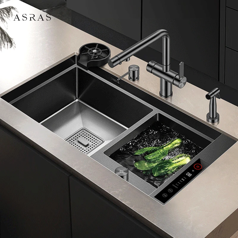 ASRAS Island Smart Purifying อ่างล้างจาน SUS 304 4 มม.Handmade อ่างล้างจานคู่นาโนเมตรสมาร์ท Purifying Sink 1