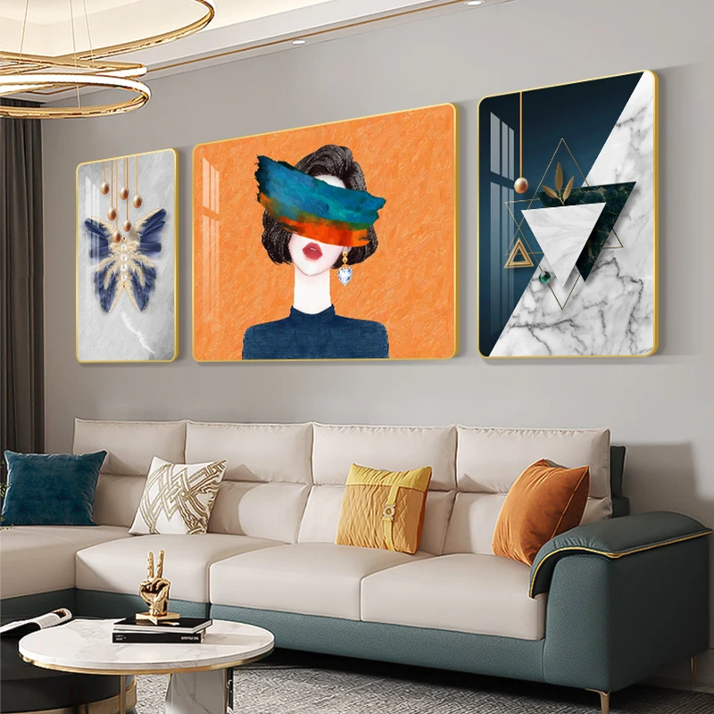

modern and minimalist sofa background wall painting, light luxury and atmospheric crystal porce