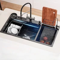 Waterfall Kitchen Sink Stainless Steel Double Sinks with Kitchen Faucet Large Multifunctional Dishwasing Washbasin 1