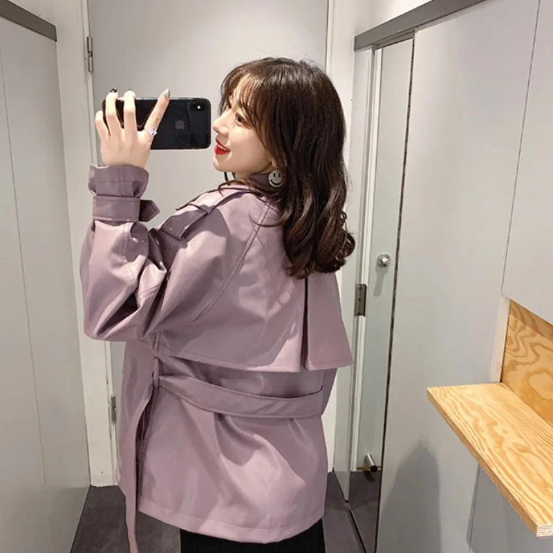 PU Leather Mid-Length Lace-up Trench Coat for Women, Motorcycle Clothing, Korean Style, Tight Waist, Casual Outwear, Autumn, New