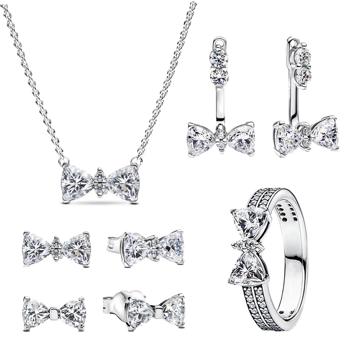 Original 925 Sterling Silver Zircon Pink Shining Bow Set Ring Earrings Bracelets Necklace Original DIY Women Fine Jewelry Gift 3