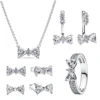 Original 925 Sterling Silver Zircon Pink Shining Bow Set Ring Earrings Bracelets Necklace Original DIY Women Fine Jewelry Gift 3