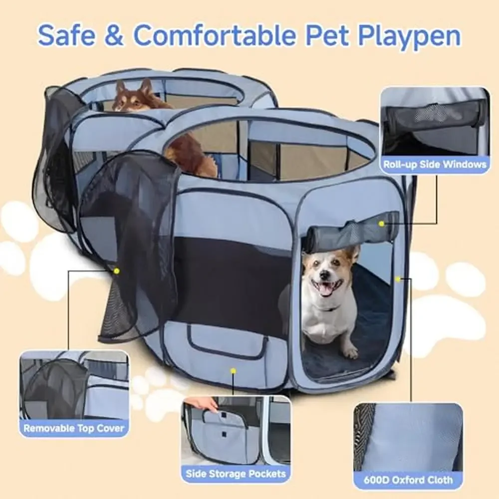 2-in-1 Dog & Cat Playpen Portable Pop-up Indoor/Outdoor Kennel Dual Zone Design Sturdy Steel Frame Removable Top Cover Roll-Up
