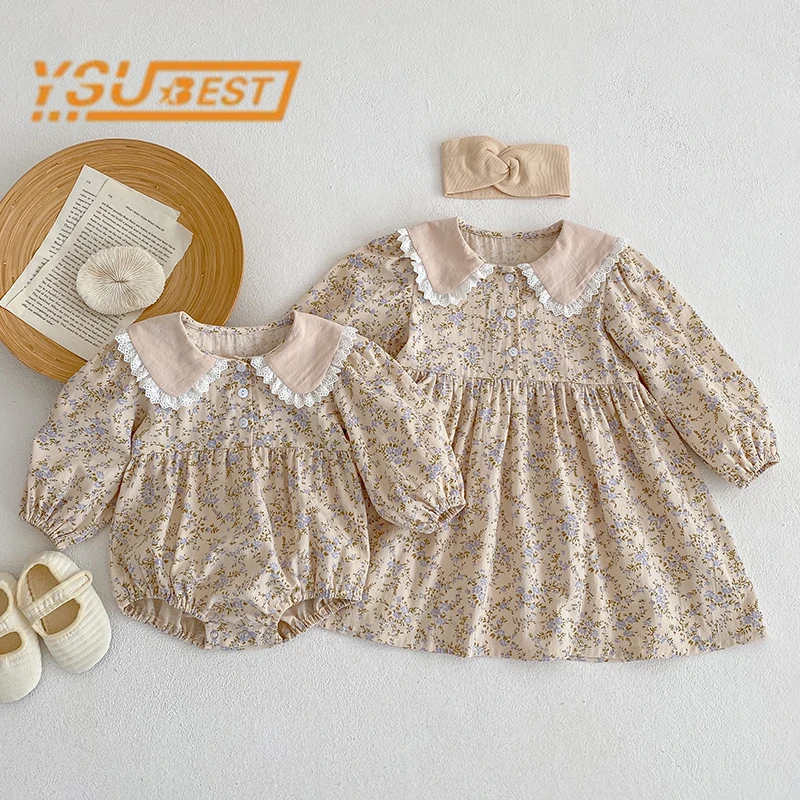 2023 Spring Baby Girls Sister Clothes Toddler Baby Rompers Princess Children Girls Long Sleeves Floral Printed Dresses Clothes 1