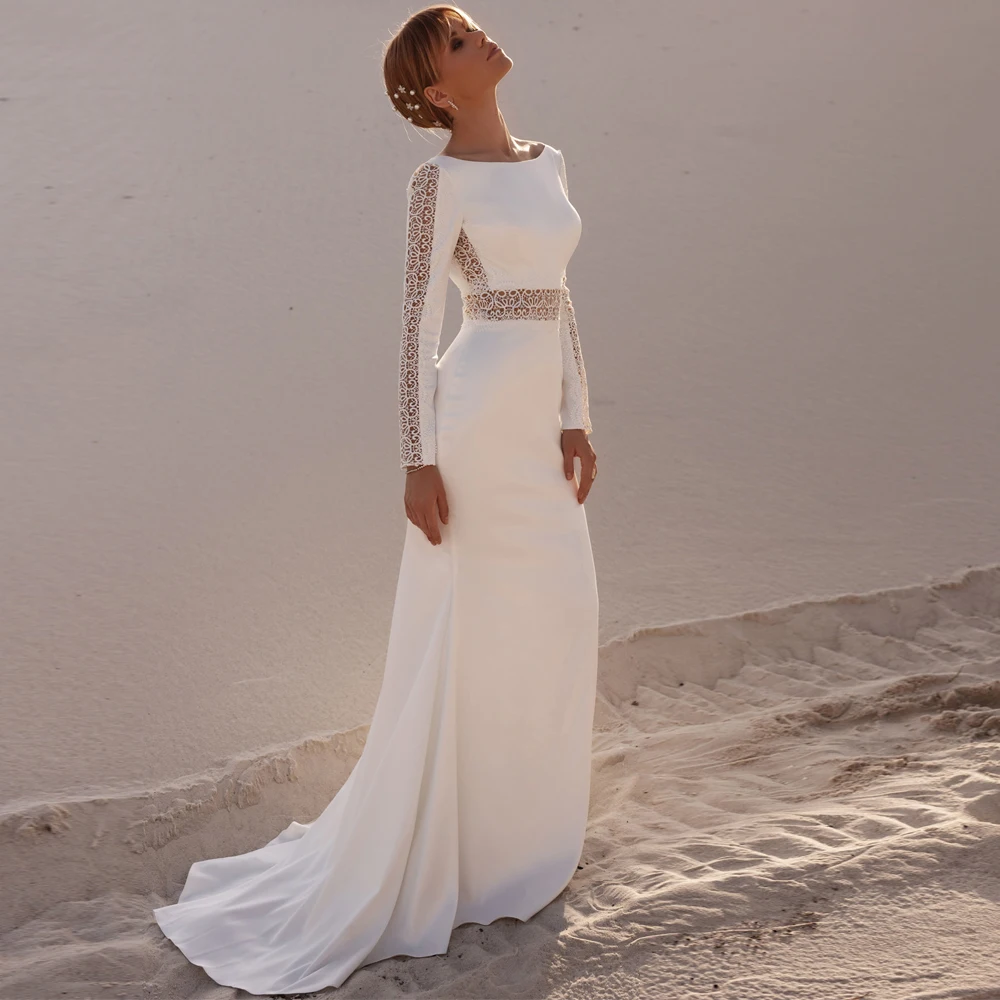 

Vestidos Sexy Wedding Dresses Jersey Lace Pleat Bateau Full Sleeve Backless A-Line Bridal Gowns Novia Do 2022