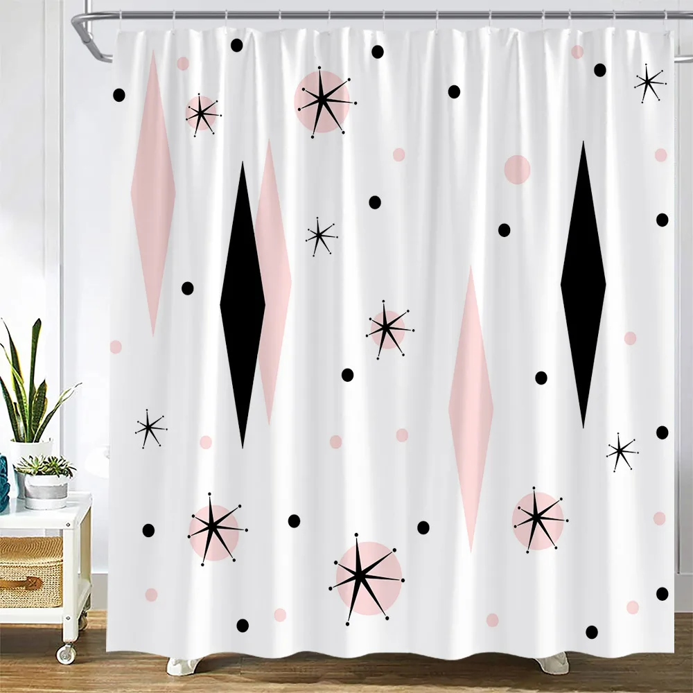 Cortinas de ducha Boho de mediados de siglo, juego de cortina de tela con ganchos para decoración del baño, diseño geométrico moderno negro Turquesa