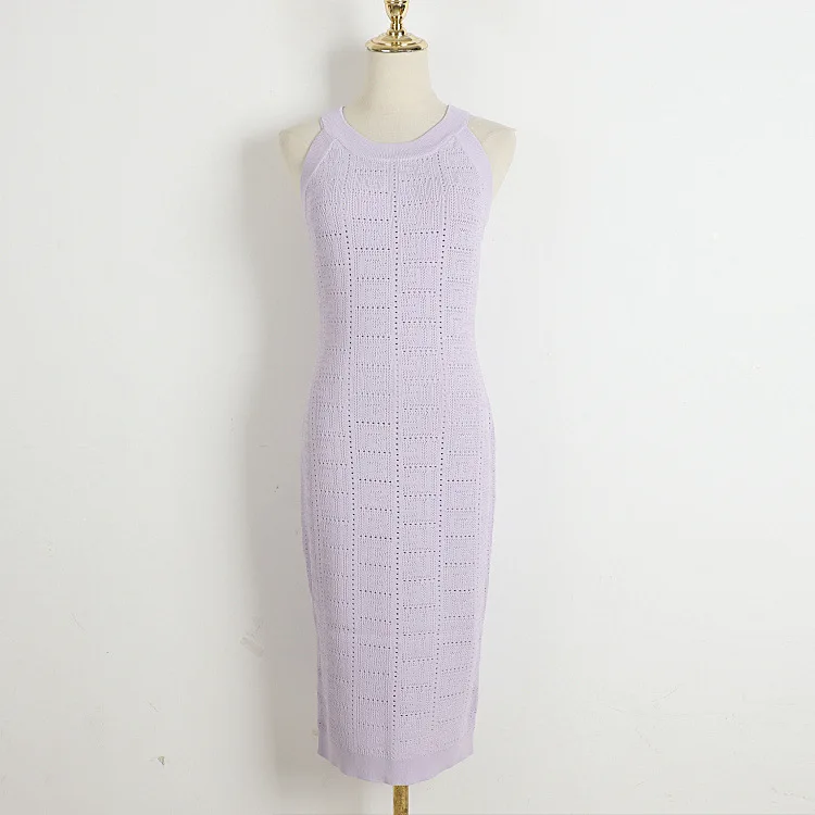 

Purple knitted camisole dress for women's 2024 summer slim fit, hollowed out sleeveless, buttocks wrapped long dress