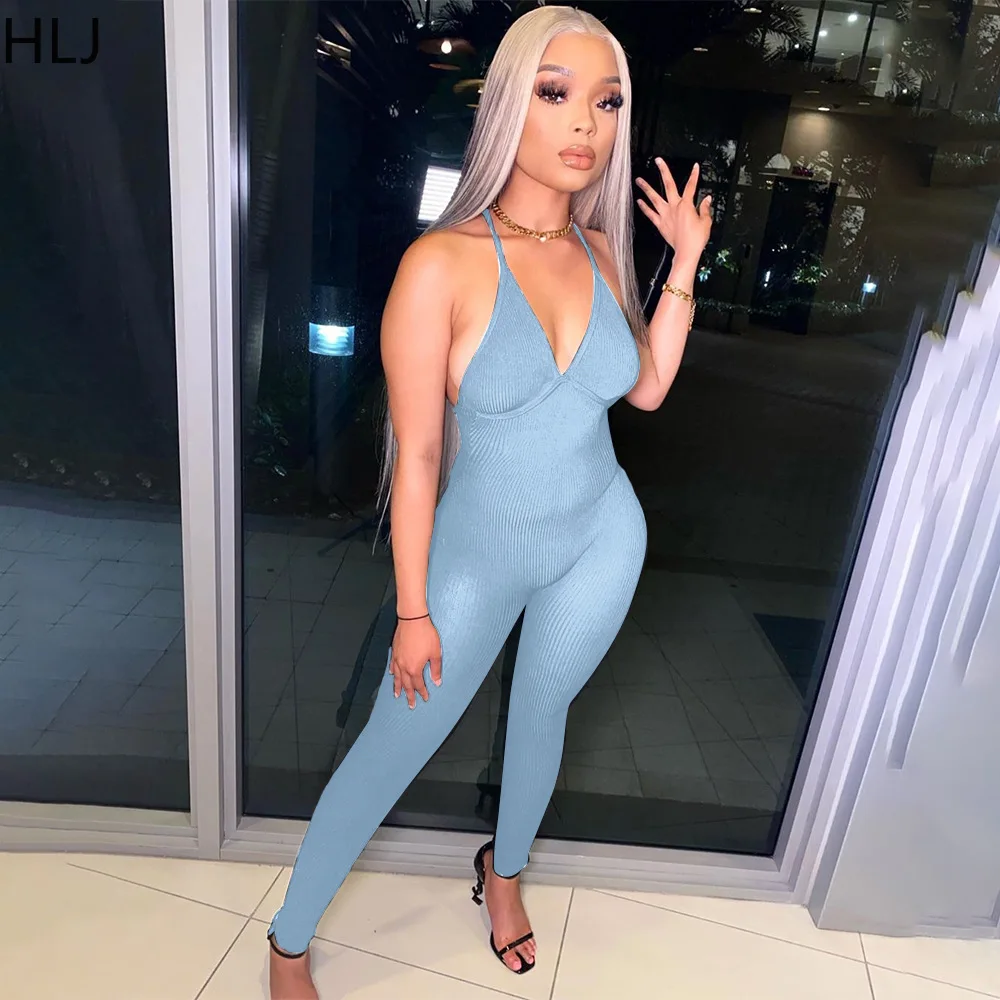HLJ Sexy Ribber Bodycon Suspenders Jumpsuits Women Solid Color Sleeveless Slim Playsuits Casual Female Sporty One Piece Overalls