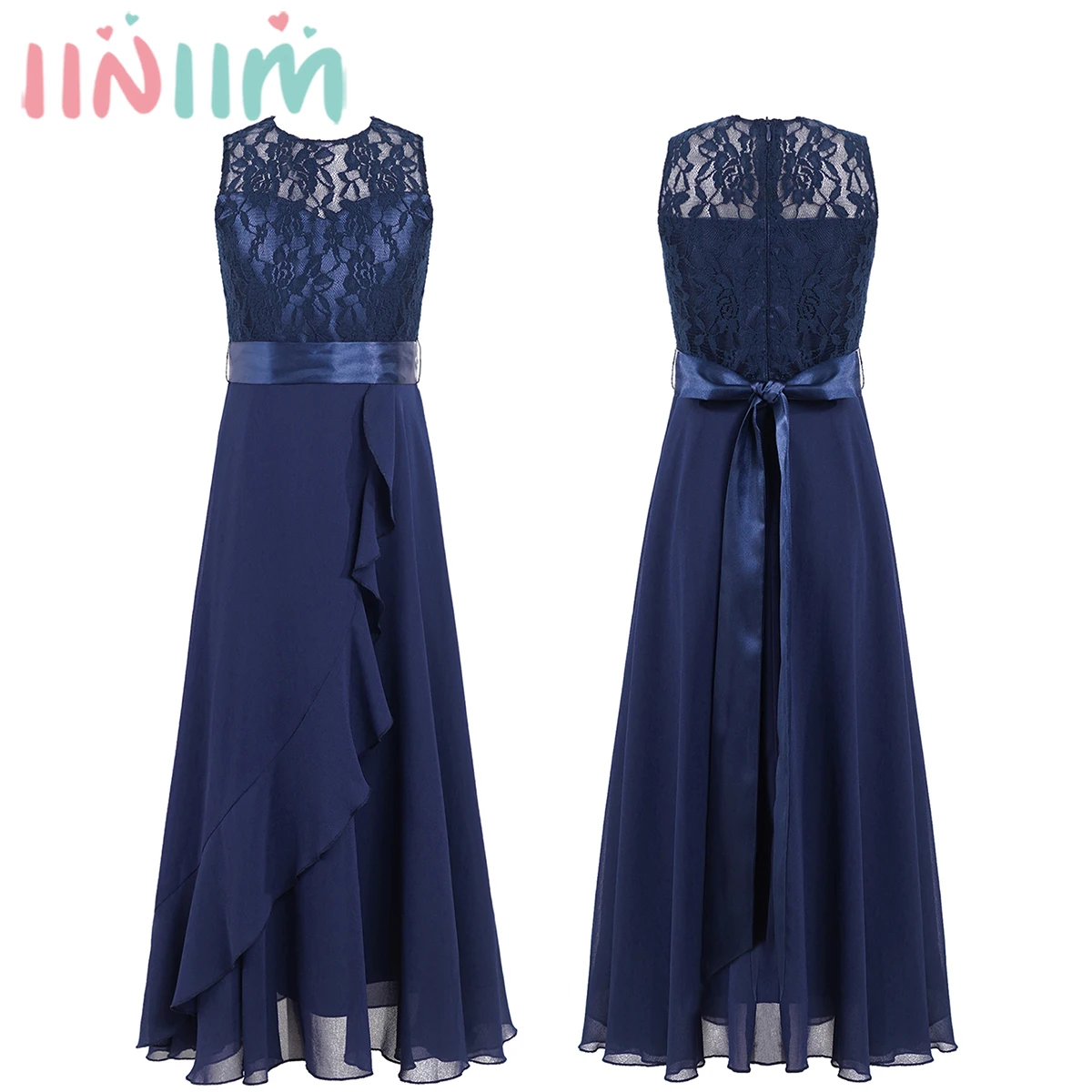 

Детское кружевное шифоновое вечернее платье с оборками для девочек, атласное платье без рукавов с круглым вырезом и каскадным поясом для дня рождения, выступления, свадьбы