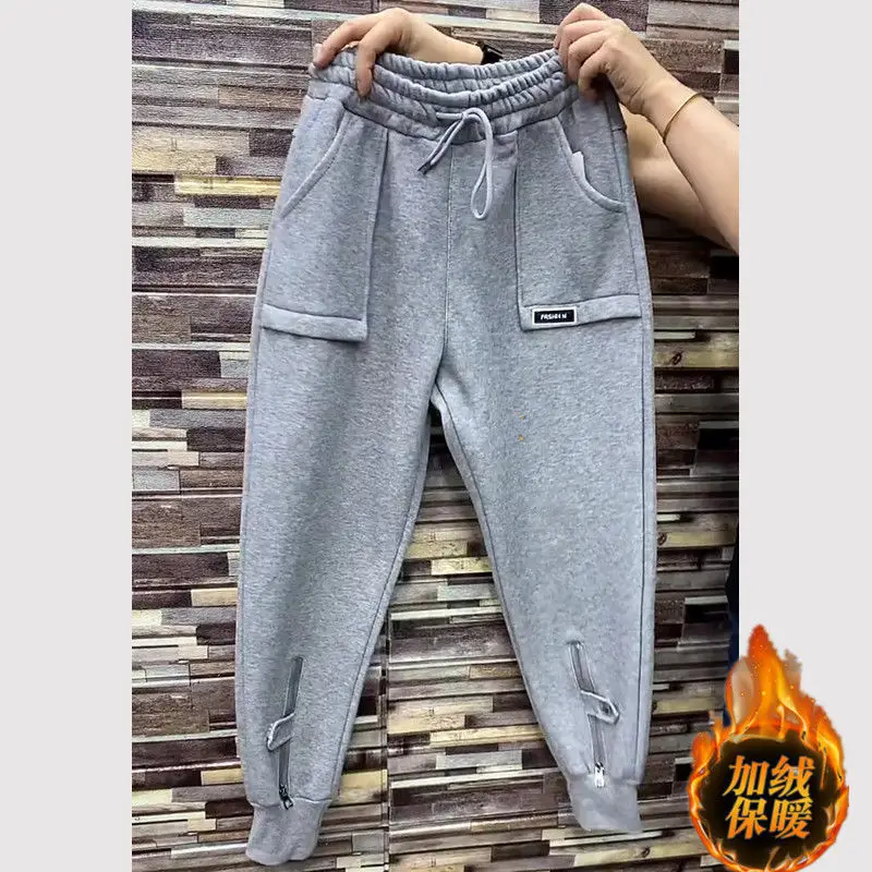 Autumn Winter Plus Velvet Sweatpantss Women Drawstring High Waist Zipper Harem Pants Plus Size Stretch Casual Jogger Trousers