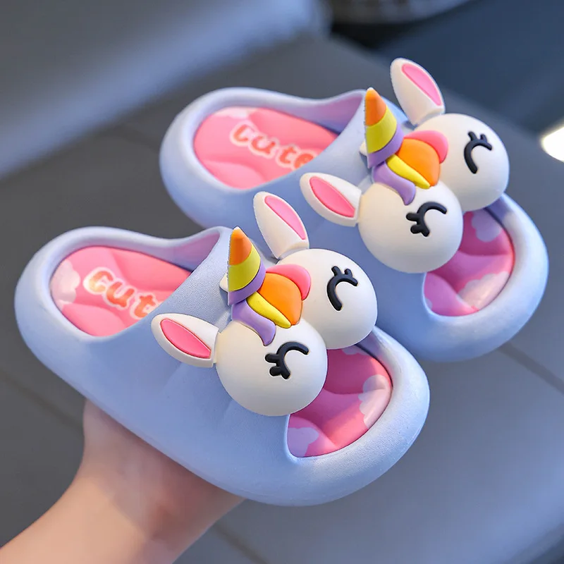 3D Cartoon Unicorn Children Slippers Summer Rabbit Giraffe Non Slip Beach Shoes For Girls Boys PVC Soft Bottom Kids Slippers