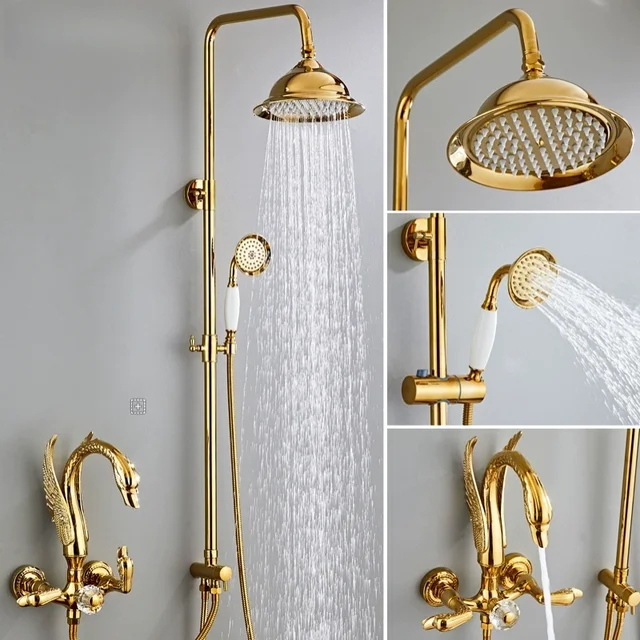 ก๊อกน้ำฝักบัวทองเหลืองรูปหงส์ติดผนัง สำหรับอ่างอาบน้ำและฝักบัว น้ำร้อนน้ำเย็น 4