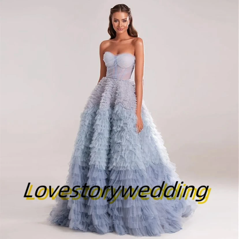 

Lovestory Celebrity Party Women Wear Sweetheart Prom Dresses Cascading Ruffles Tulle Contrast Color Vestidos Party Evening Gowns