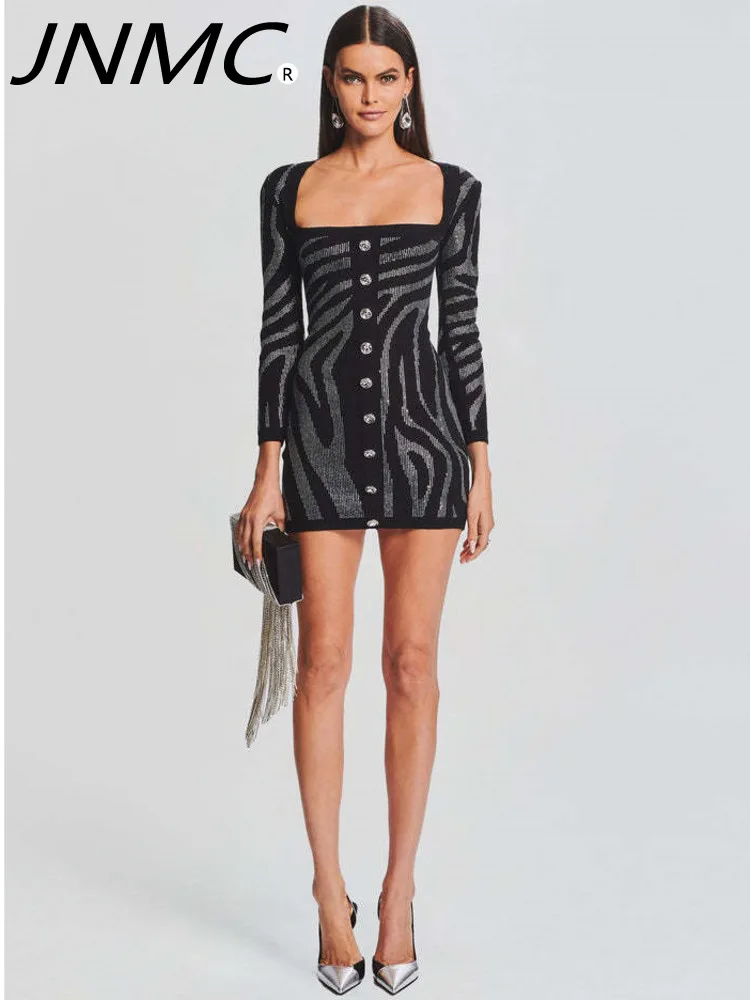 

JNMC Simple Black Casual Square Neck Hot Diamond Long Sleeve Bra Short Bandage Dress For Women 2024 Spring Autumn New Style