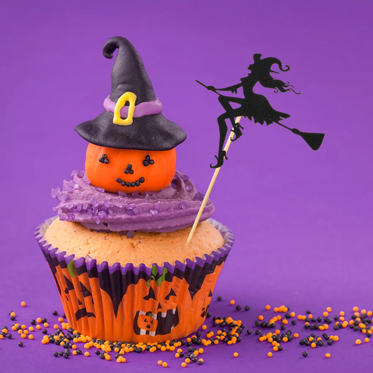 

1 Set of 16 Pcs Halloween Cake Toppers Witch and Broom Toppers for Cake