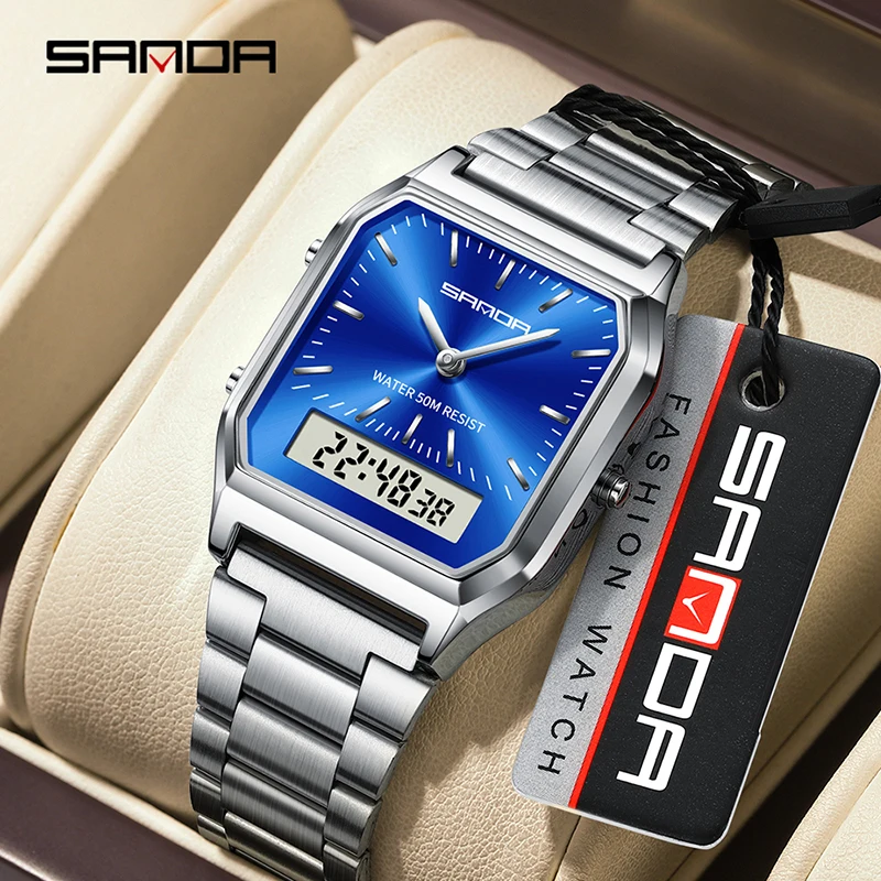 SANDA 747 LED Digital Dual Display Clock Waterproof Sports Luxury