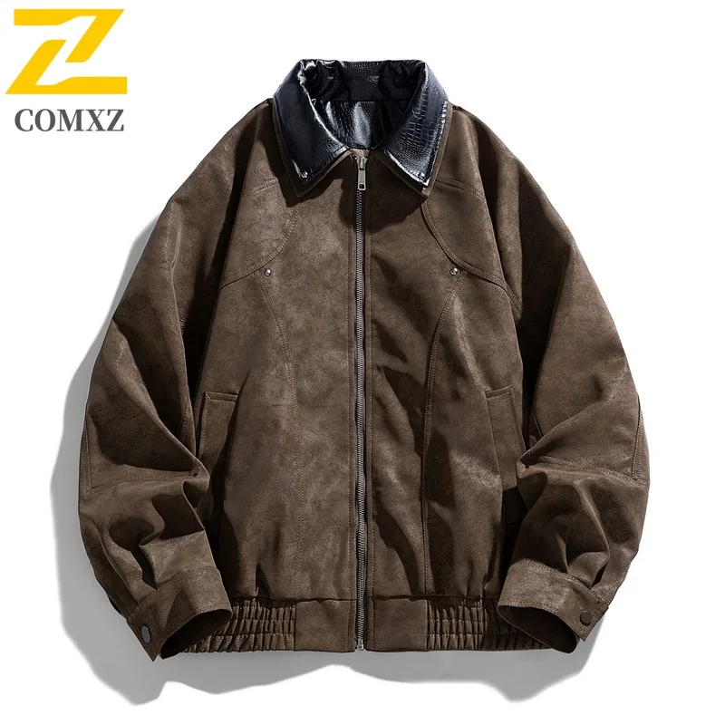 Men Vintage Baseball Jacket Biker Style PU Leather Coat Washed Effect Notch Lapel Loose Fit Water-Resistant Windproof Streetwear