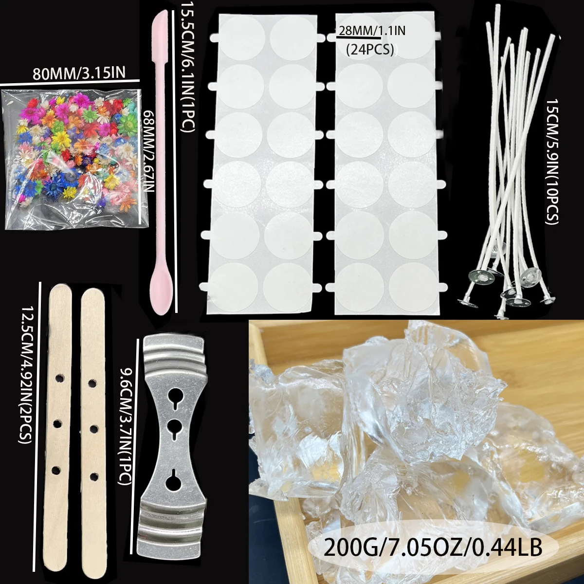 200G Jelly Wax Transparent Handmade Making Supplies Candle DIY Material Kits With Dry Flowers/Stickers/ Fixers/Candlewick Base