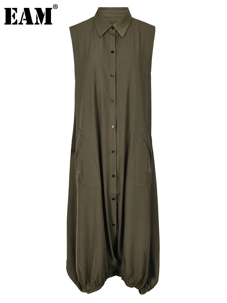 

[EAM] Loose Fit Women Army Green Big Size Long Jumpsuit New High Waist Pocket Stitch Pants Fashion Spring Summer 2024 1DE802106