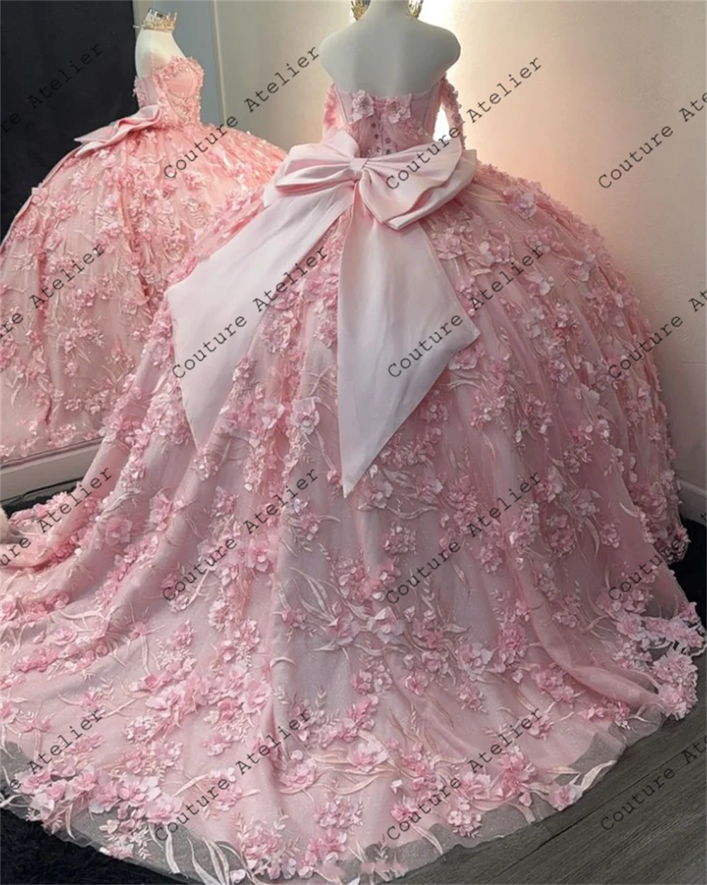 Pink 3D Flowers Three Quarter Sleeve Quinceanera Dresses Ball Gown Bow Sweetheart Sweet 16 Dress Wedding Customized
