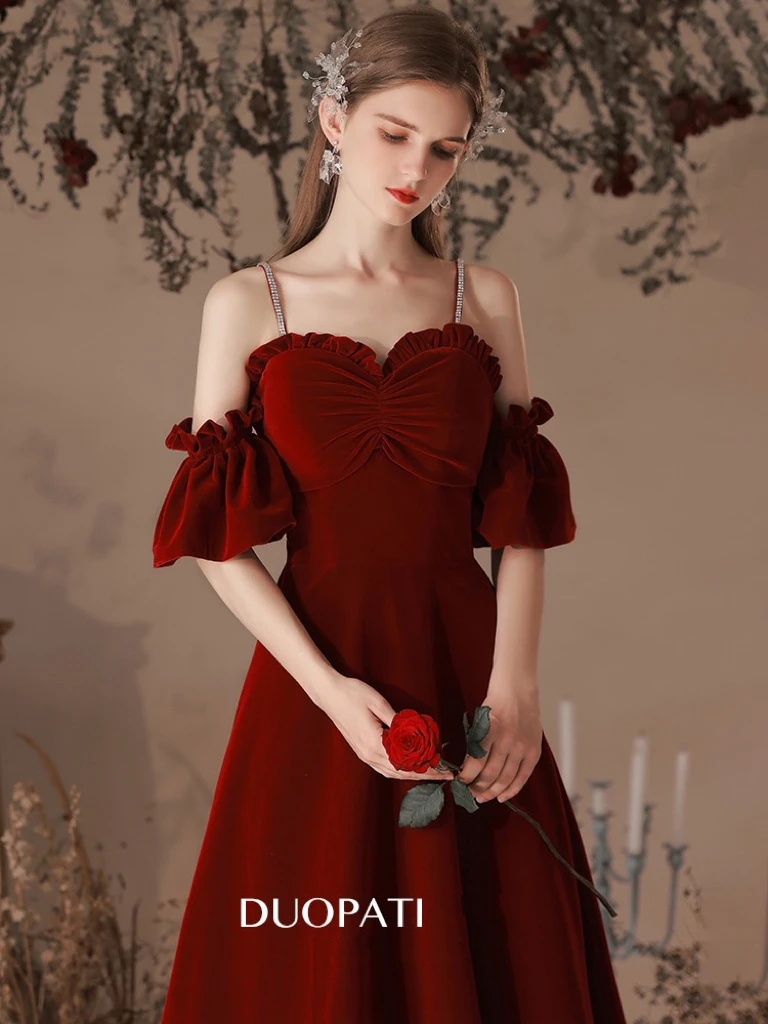 Burgundy Velvet Bridesmaid Dresses Off Shoulder Spaghetti Straps