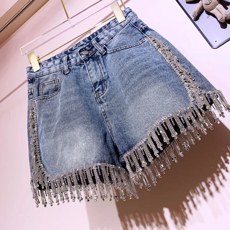 

Sexy Wimen Rhinestones Fringed High Waist Hot Drilling Denim Shorts Diamonds Tassels Jeans Hot Pants Chic Crystal Short Trousers