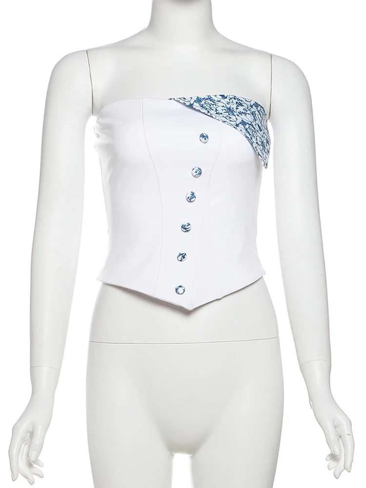 Nibber Button Irregular Hem Bandeau Women Sexy Printing Skinny 2025 Summer Pretty Trend Versatile High Street Skinny Crop Tops