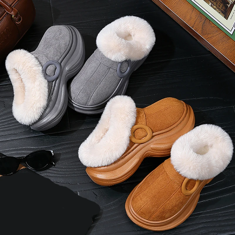 Fashion Chunky Platform Fluffy Slippers Women Outdoor Faux Suede Thick Bottom Cotton Slides Woman Warm Long Plush Home Slippers