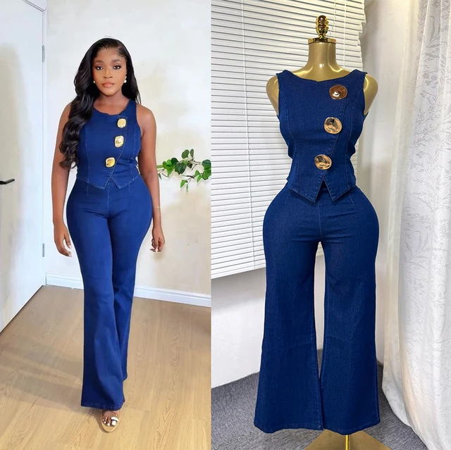 Fashion Denim Women Loungewear Sets Sleeveless Button Tank Tops and Wide Leg Jean Pants Suit 2025 Holiday Outfits 2 Piece Set 1