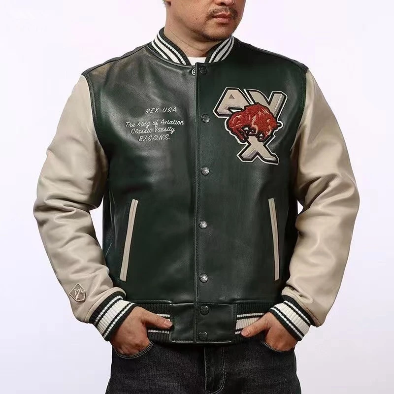 2022 Men's American Genuine Leather Baseball Jacket USA Size Thickness 1.5mm Soft Cowhide Warm Uniform