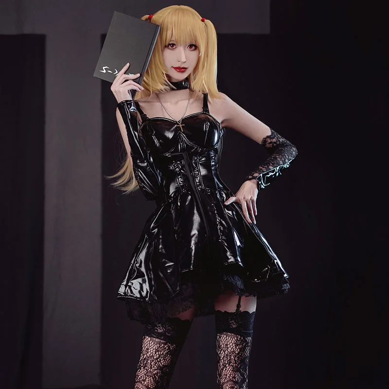 

Death Note Cosplay Anime Misa Amane Costume Faux Pu Leather Sexy Black Lolita Dress Set Halloween Clothes Sets
